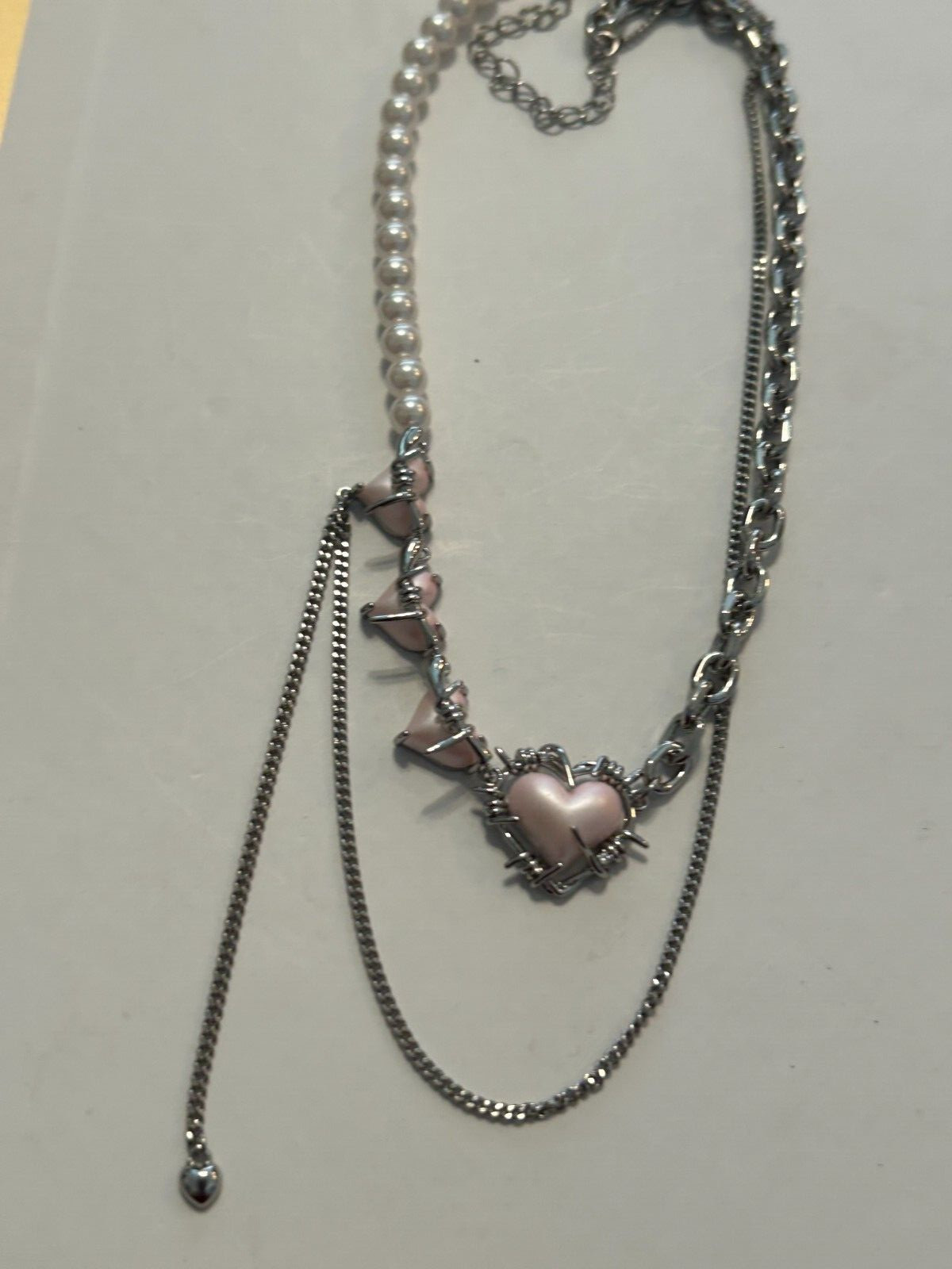 Signed SUMIYAKI Silver Tone Spiritual Necklace, Faux Pearl Pink Hearts.