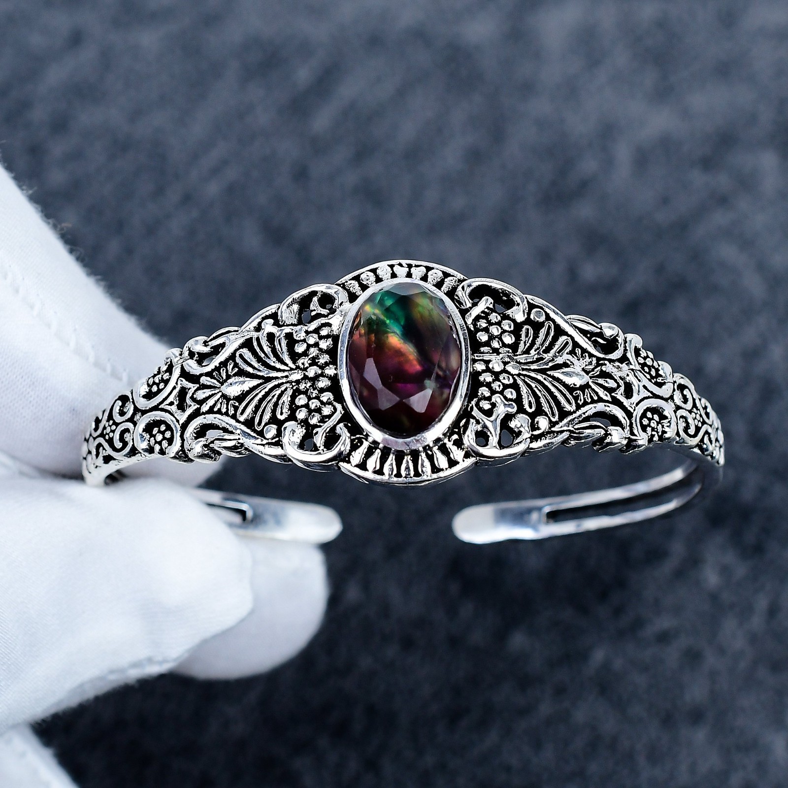 Ammolite Sterling Silver Bangle: Handmade Adjustable Jewelry Cuff Gifts