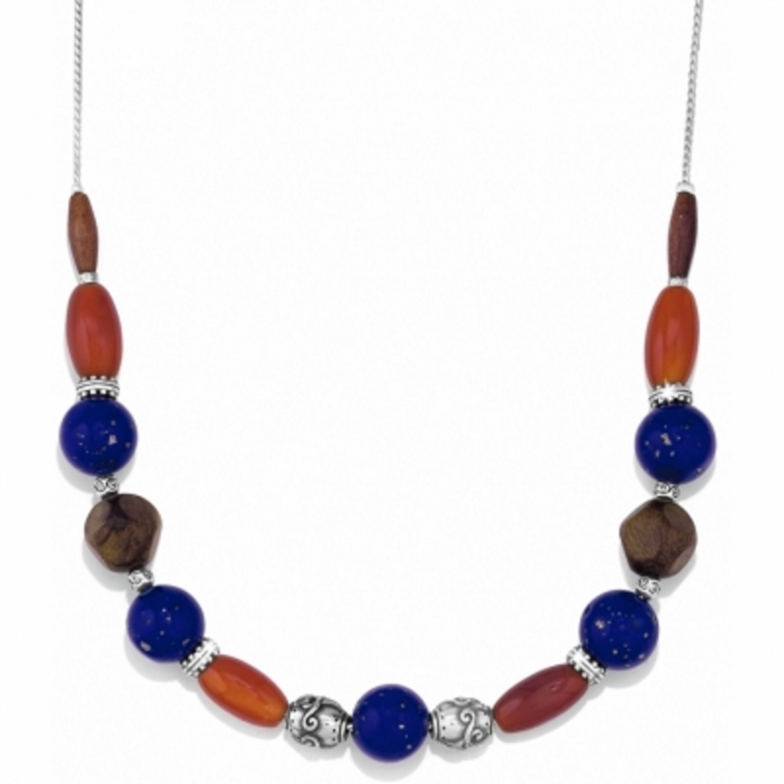 Brighton SOL Long Silver Brown Red Orange Blue Wood Necklace RT $108- NWT