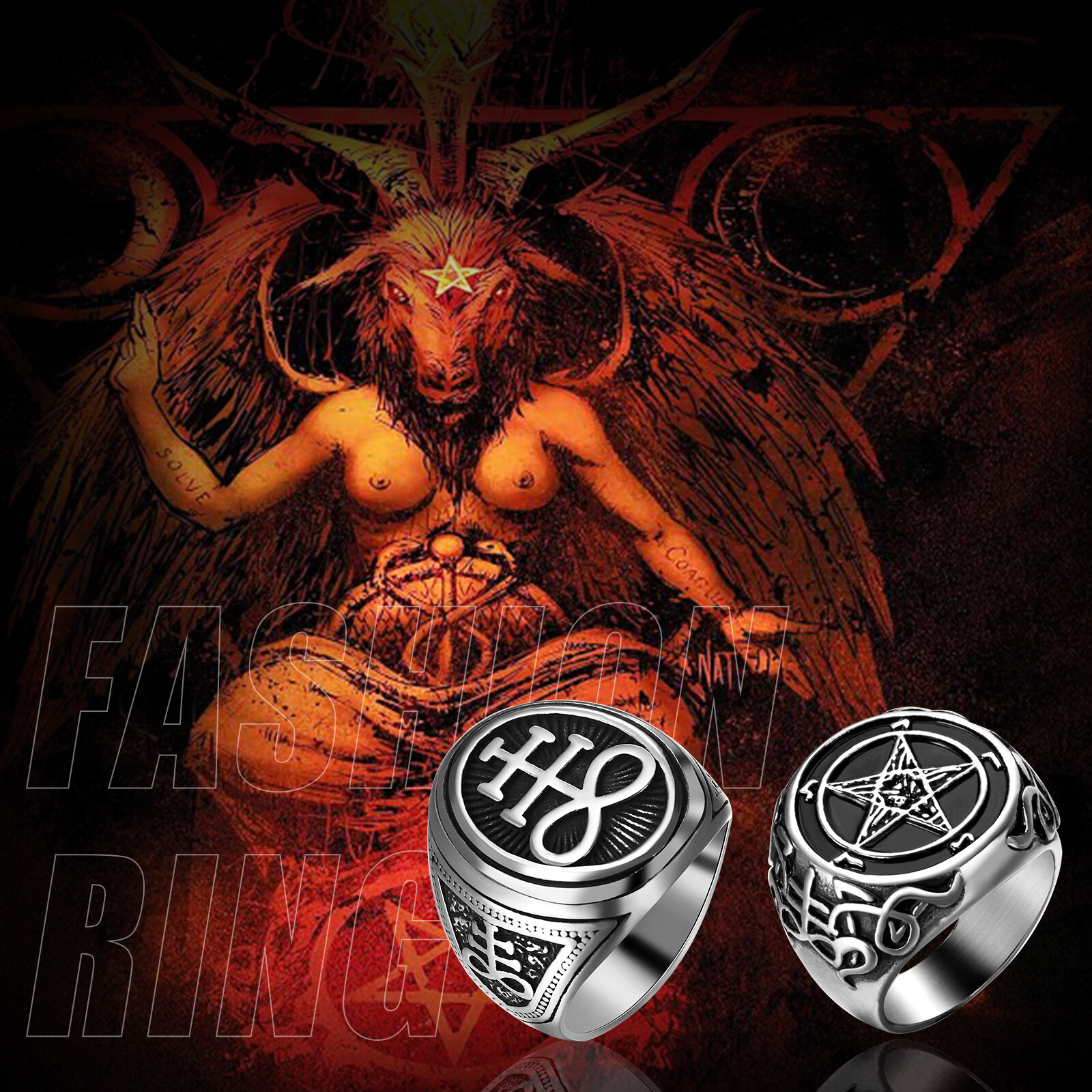 2pcs Pentagram Goat Head Gothic Stainless Steel Cross Devil Symbol Rings For Men