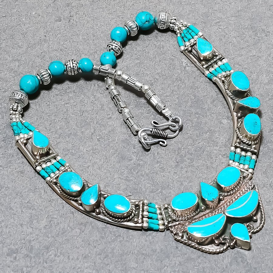 Turquoise Gemstone Tibetan Necklace Nepalese Handmade Jewelry Nepali 18″ N17