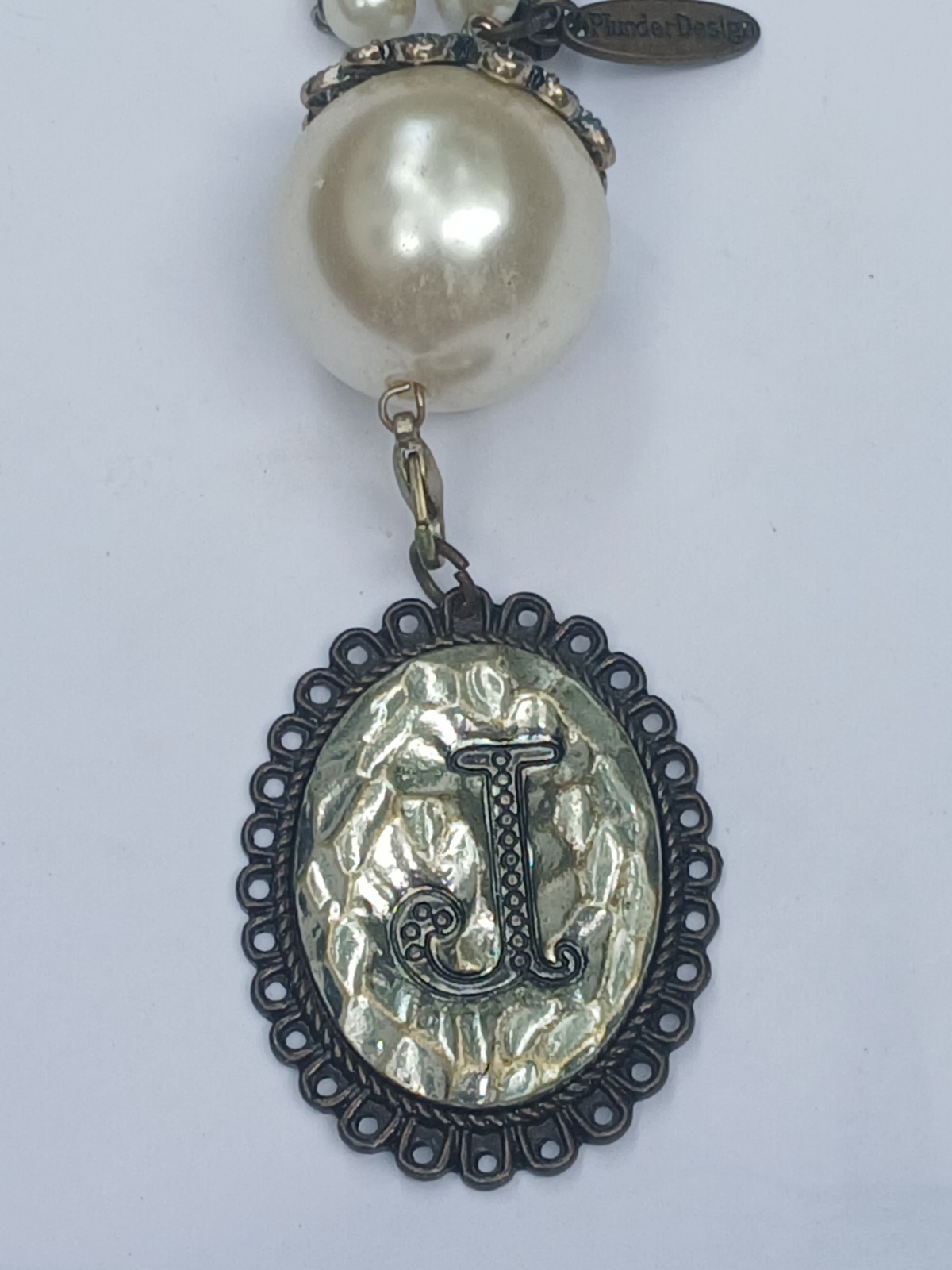Vintage Designer Plunder detachable initial J pendant large pearl necklace