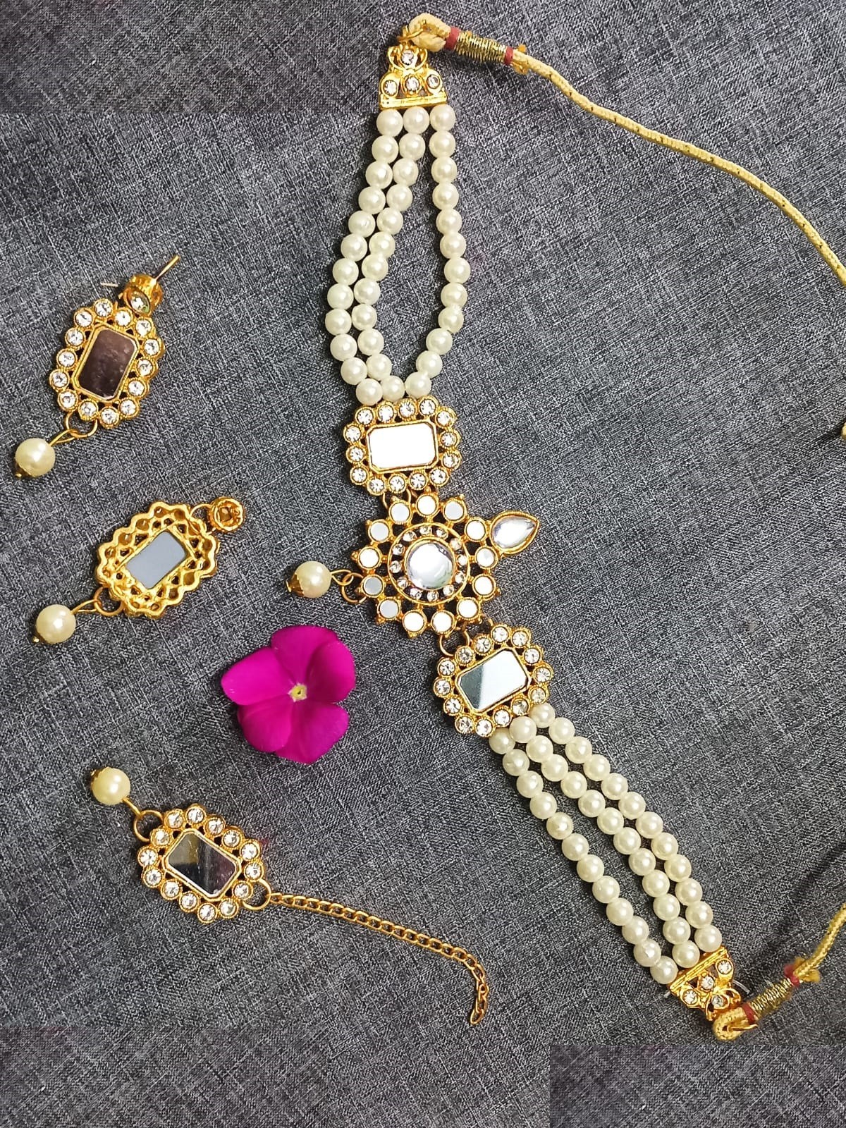 JAYWAR Pearl Mirror Kundan Bracelet Set Earrings Maang Tikka Bridal Jewelry