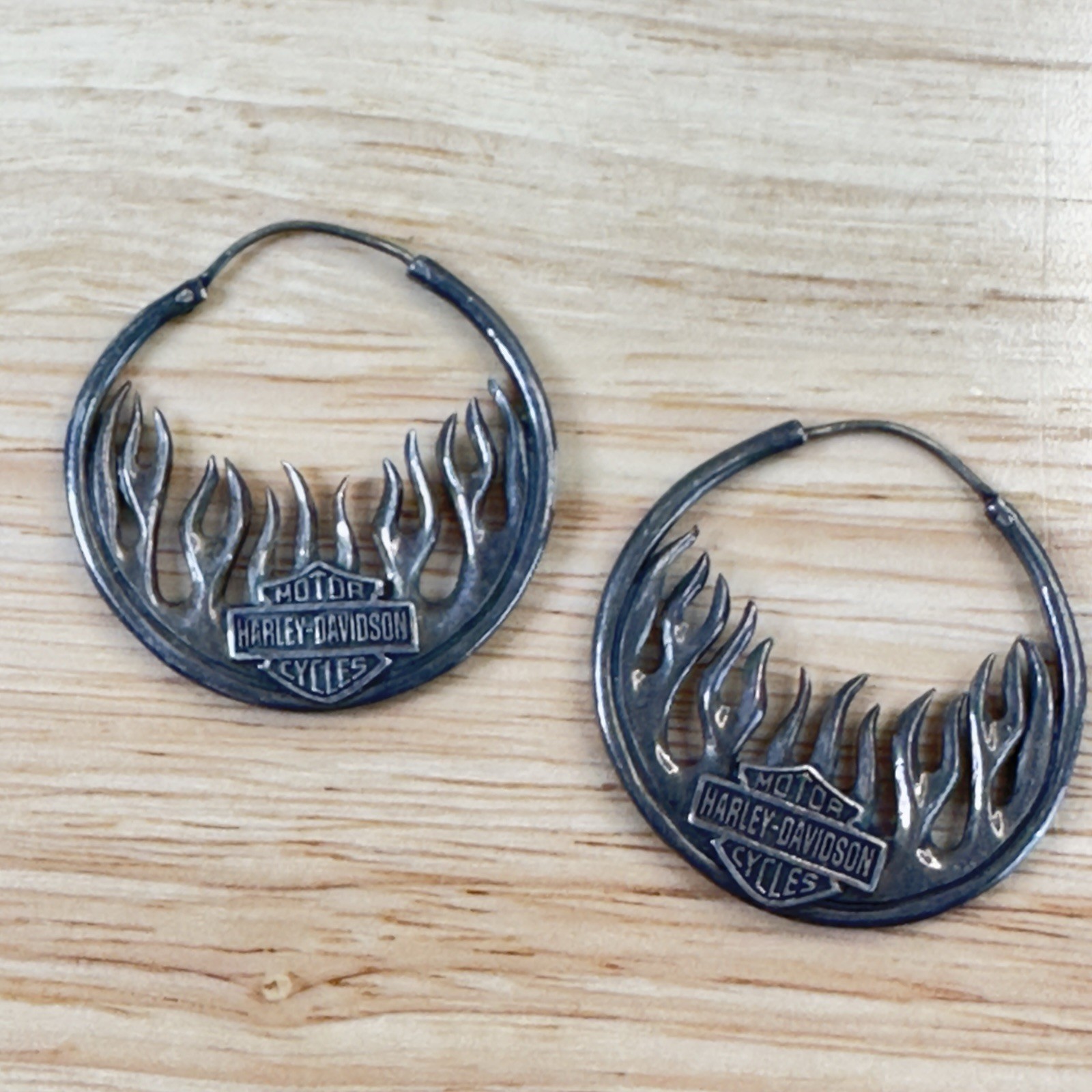 Harley Davidson Sterling Silver Hoop Earrings Logo Vintage 13.4 g 33mm