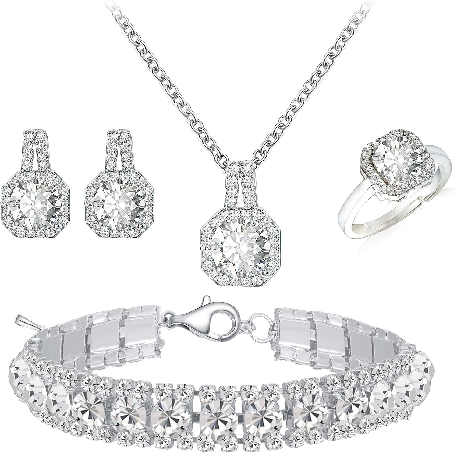 4Pcs CZ Wedding Jewelry Set Necklace Earrings Bracelet Ring for Bride Women