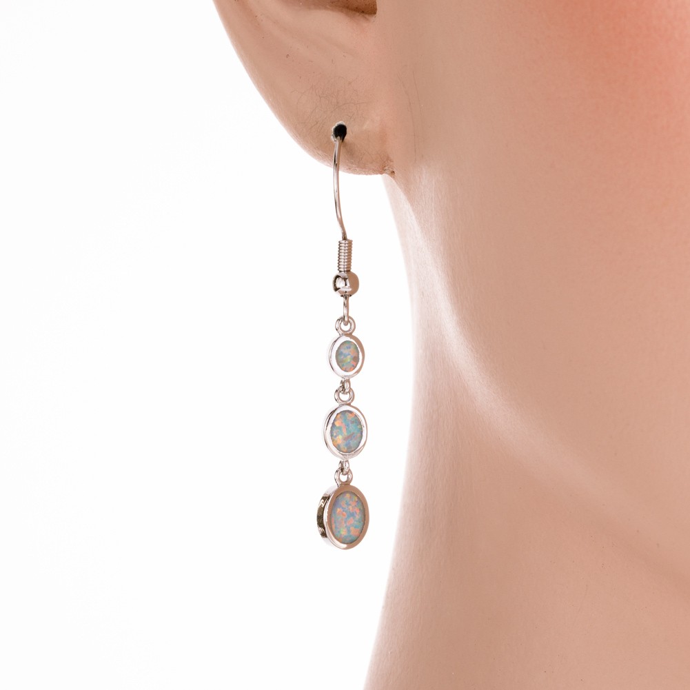 3 Oval Shape White Fire Opal Silver Jewelry Dangle Drop Earrings