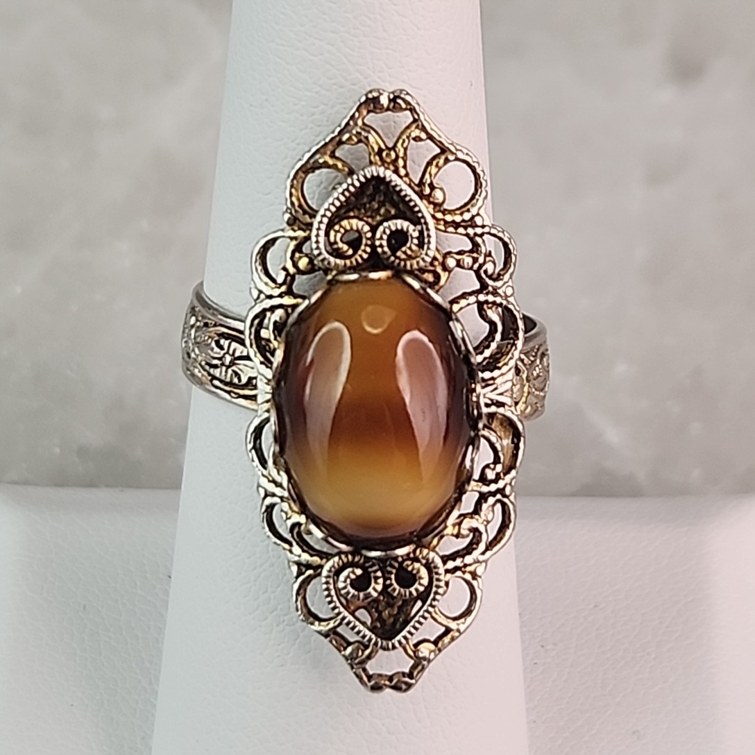 Rhinestone Ring Brown Oval Glass Cream Ambre Silver Tone Adjustable 7