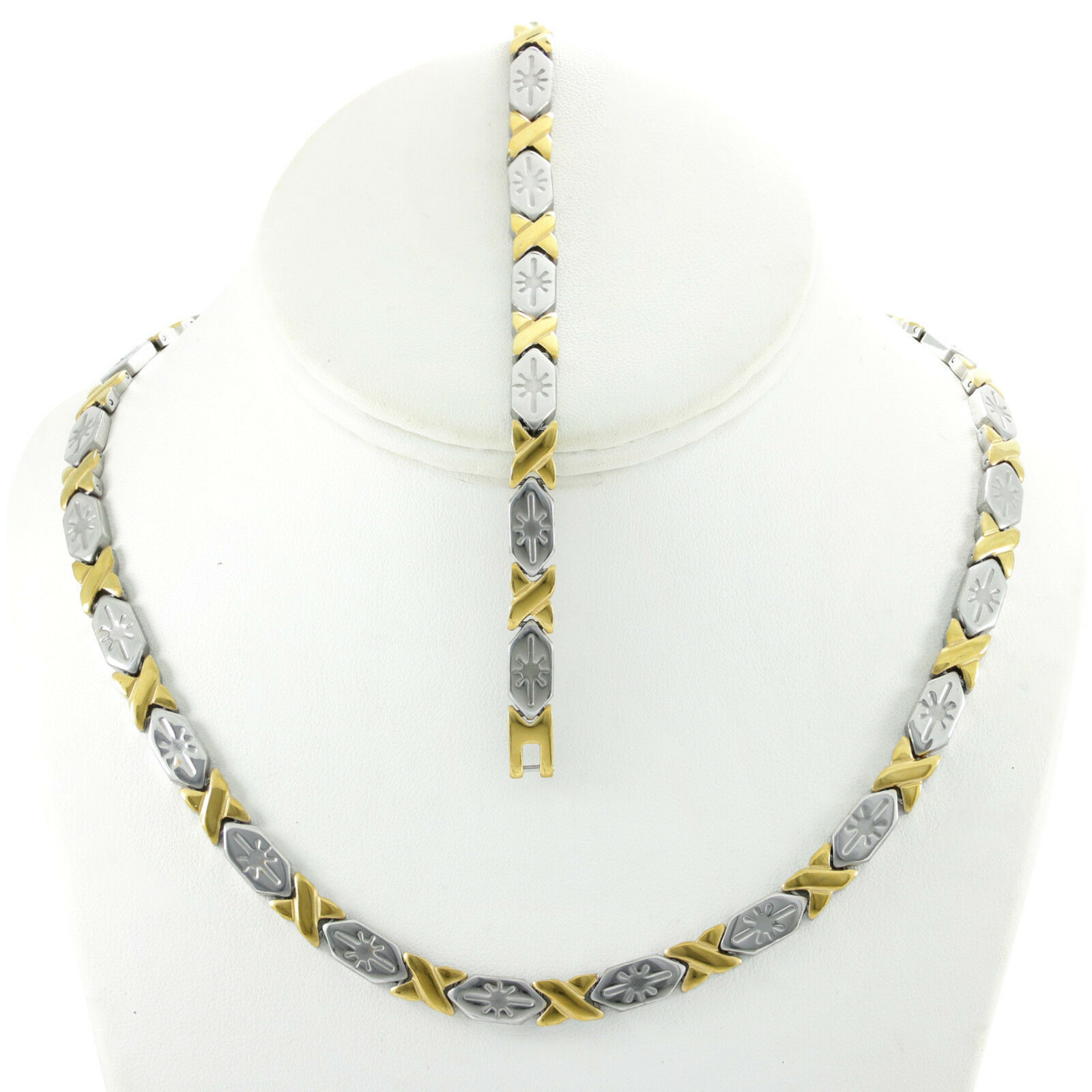 Hugs & Kisses 8mm Necklace Bracelet Set Stampato Stainless Steel Two Tone 18/20