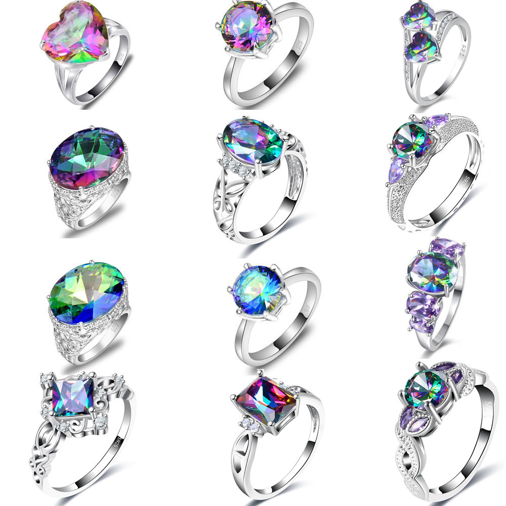 12 Pcs 1 Lot Xmas Wholesale Set Mixed Mystical Rainbow Topaz Gems Silver Rings