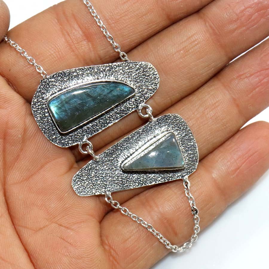 925 Silver Plated Long Fiery Labradorite Necklace 18″ Exquisite Jewelry MJ