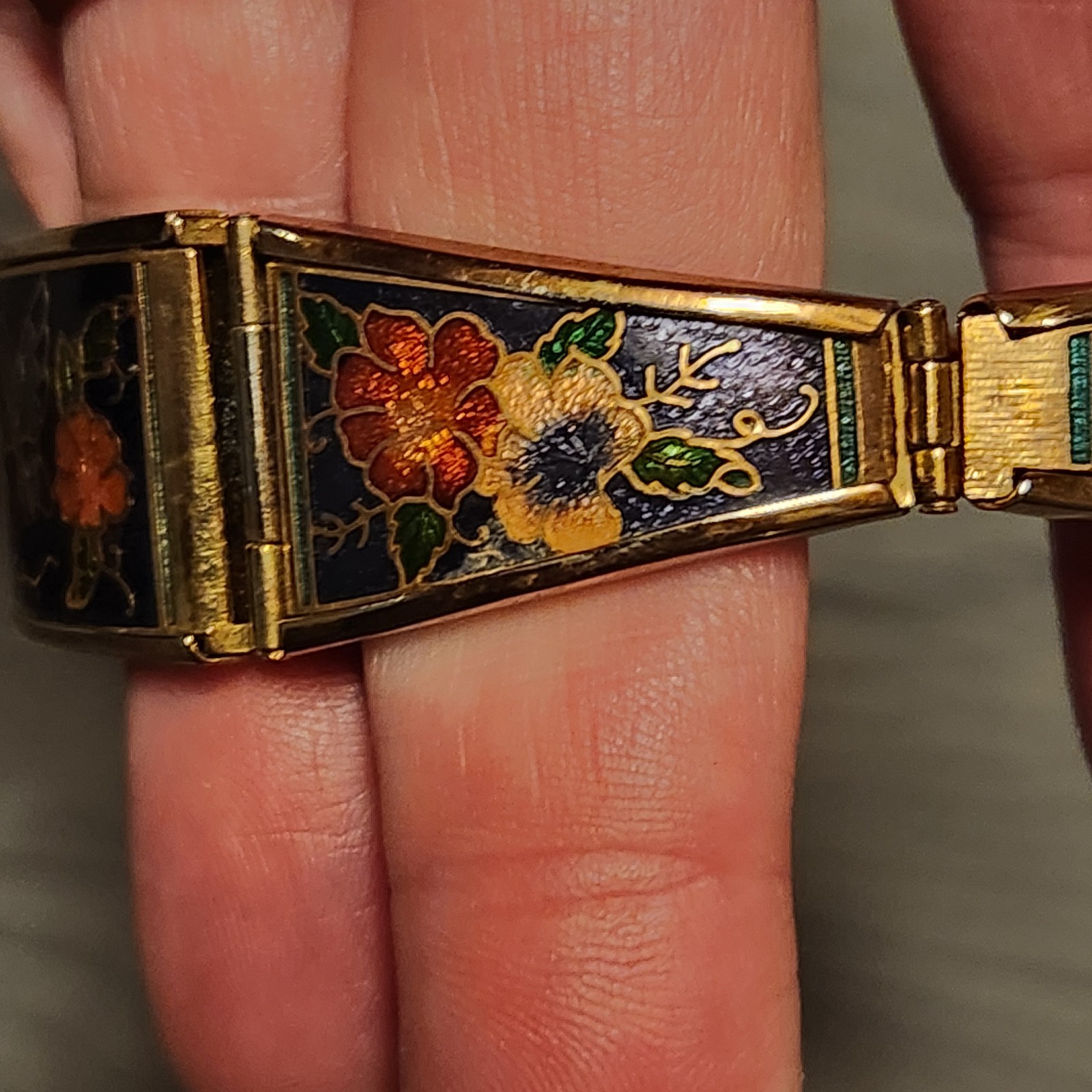 Vintage Chinese Cloisonne Enamel Panel Link Bracelet Butterfly Floral Purple