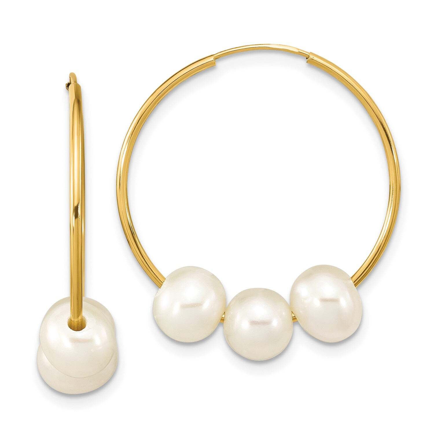 14k Yellow Gold 7mm Round White Fresh Water Pearl Hoop Earrings, 26mm