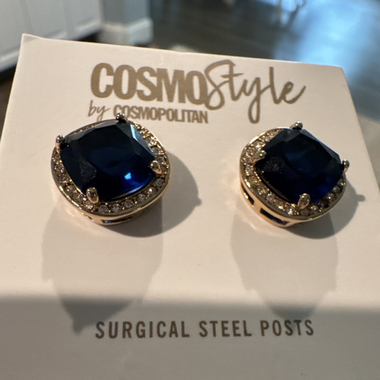 COSMOStyle by Cosmopolitan Blue Cushion Crystal Stud Earrings Gold Tone