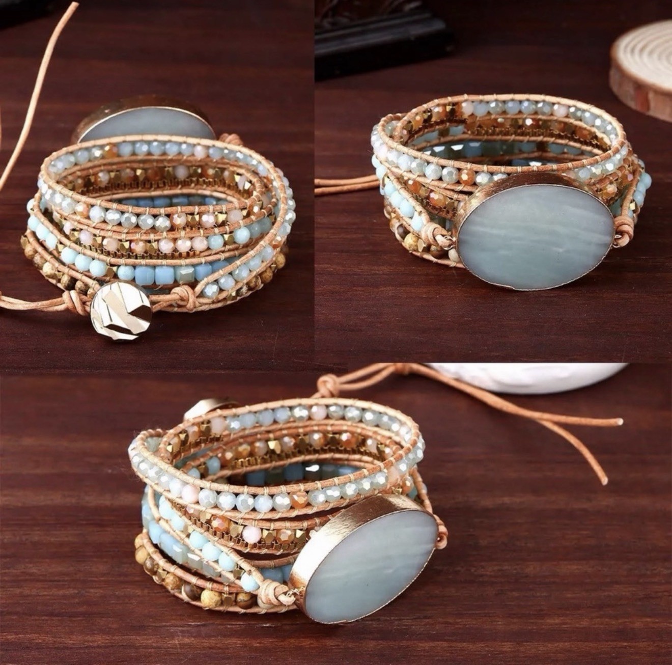 Plumiss Amazonite Natural Gemstone Crystal Leather Beaded Boho Wrap Bracelet