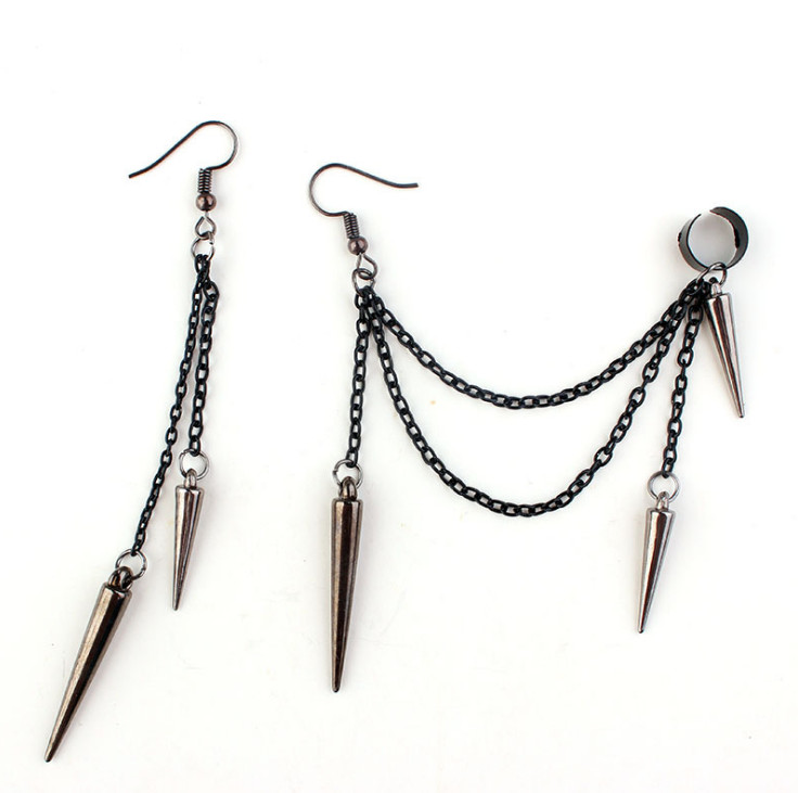 Black Punk Rock Rivets Chain Tassel Dangle Ear Hook Cuff Wrap 80’s Earrings P29