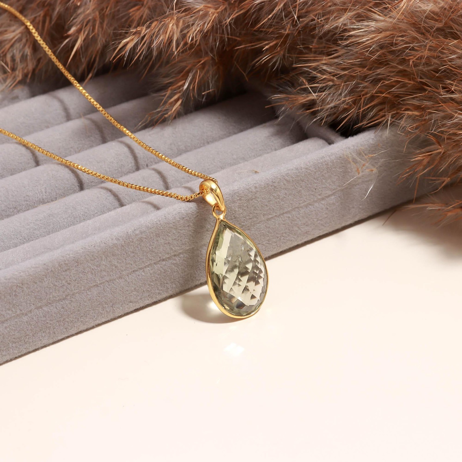 100% Natural Green Amethyst Pear Necklace Gold Fill925 Sterling Silver Jewelry
