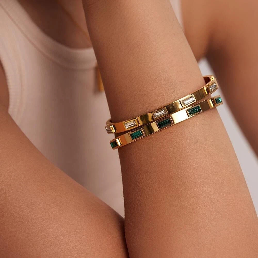 Woman Gold Plated Stainless Steel Square Cubic Zircon Cuff Bracelet Bangle