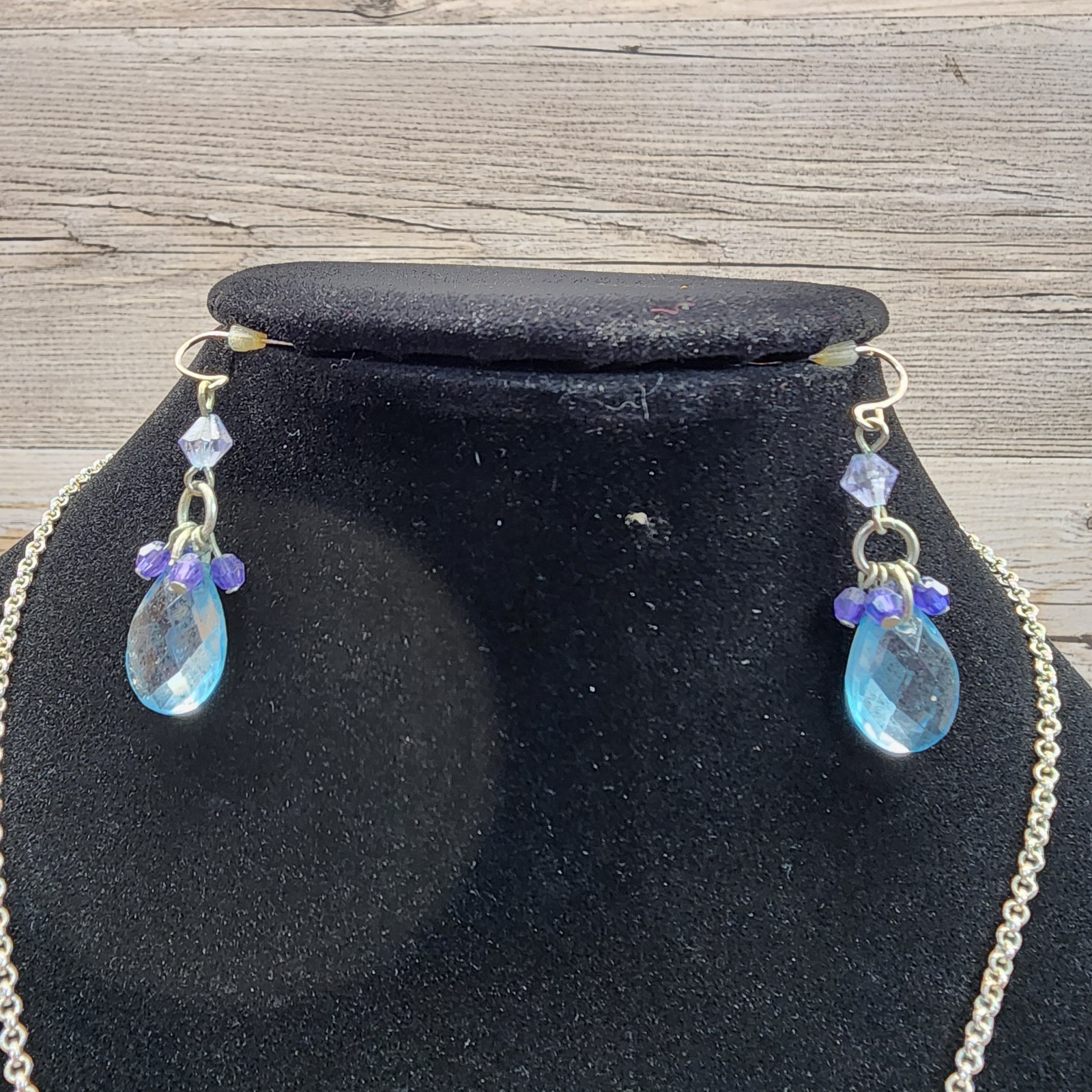Necklace Earrings Set Blue/Purple Plastic Rimstones Silvertone Costume Jewelry