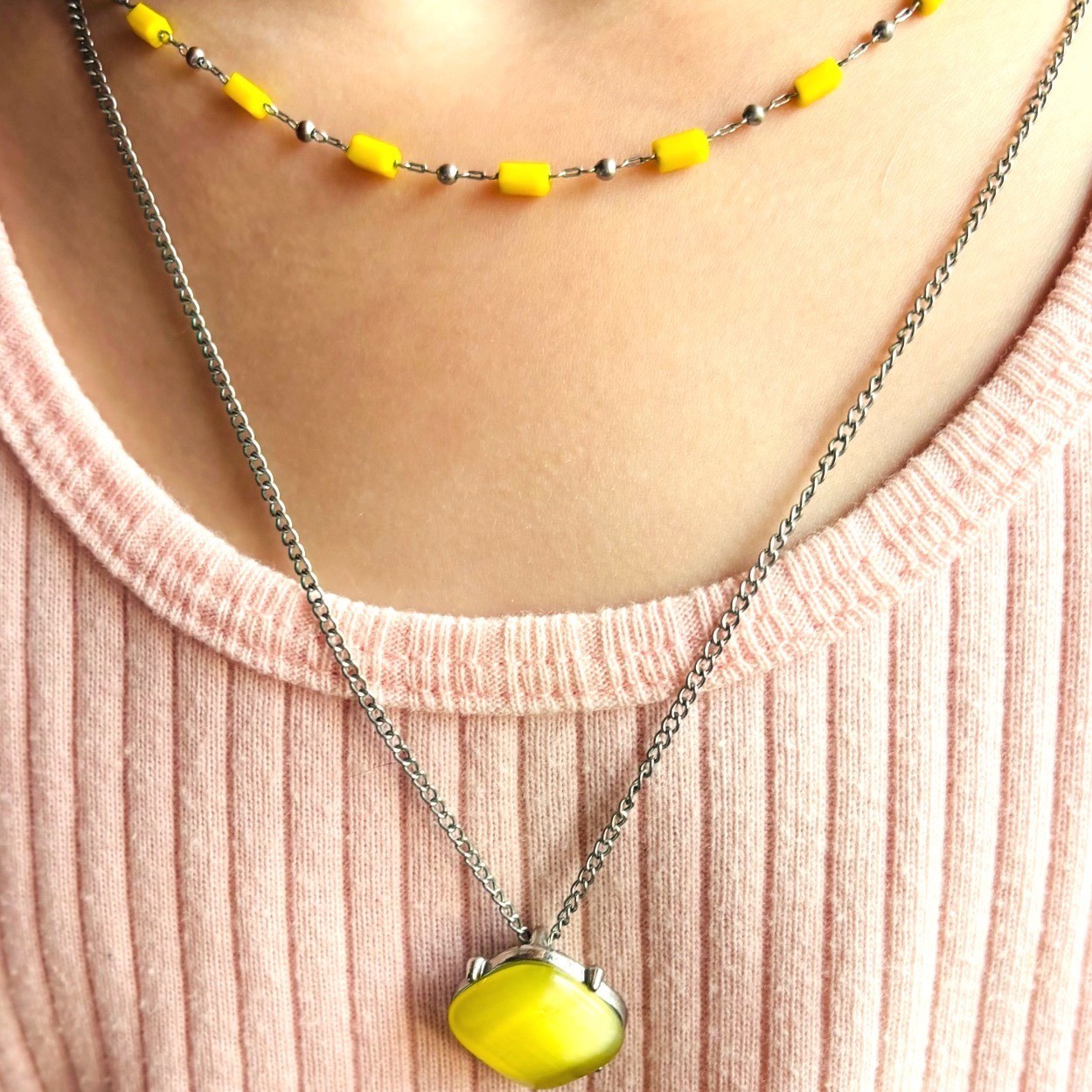 Yellow Beaded Choker and Silver Tone Pendant Necklace Set Layered Jewelry