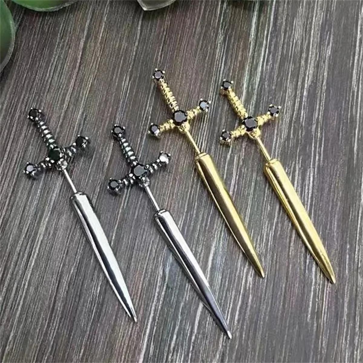 2pcs Gothic Sword Stud Earrings, Vintage Punk Crystal Dagger Ear Piercing Jewelr