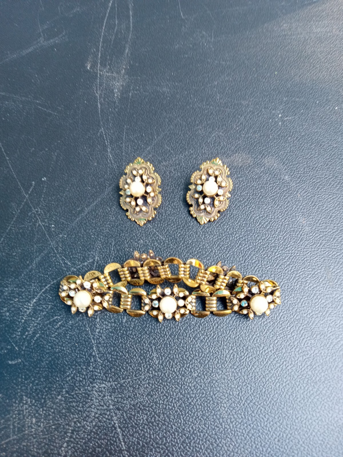 Gold Pear Diamond beaded Bracelet and Matching dangle clip on earrings ~ TRL7#47