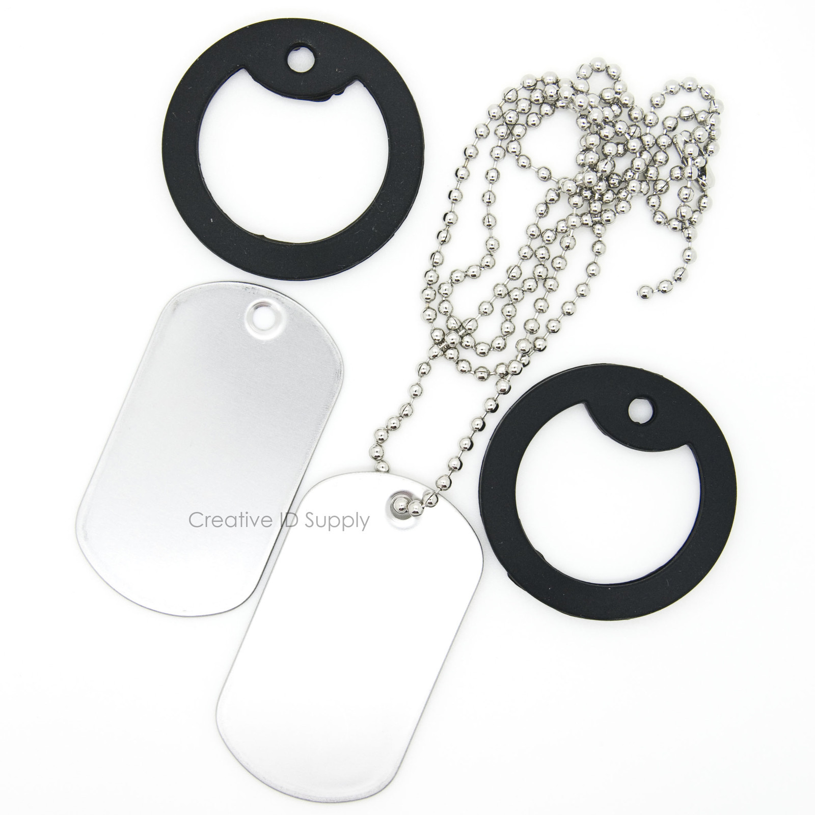 PACK 50 STAINLESS STEEL DOG TAGS, 24″ BALL CHAIN NECKLACES, SILENCERS REPAIR KIT