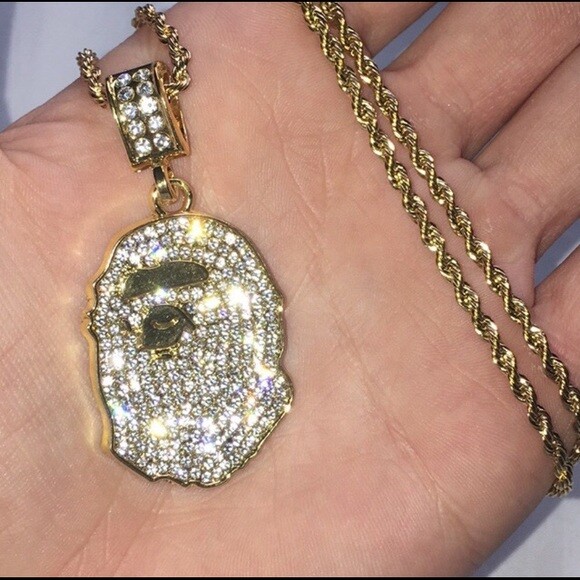 Iced Gold Plated Alloy Cubic Zirconia Bape & 24″ Rope Chain Hip Hop Necklace