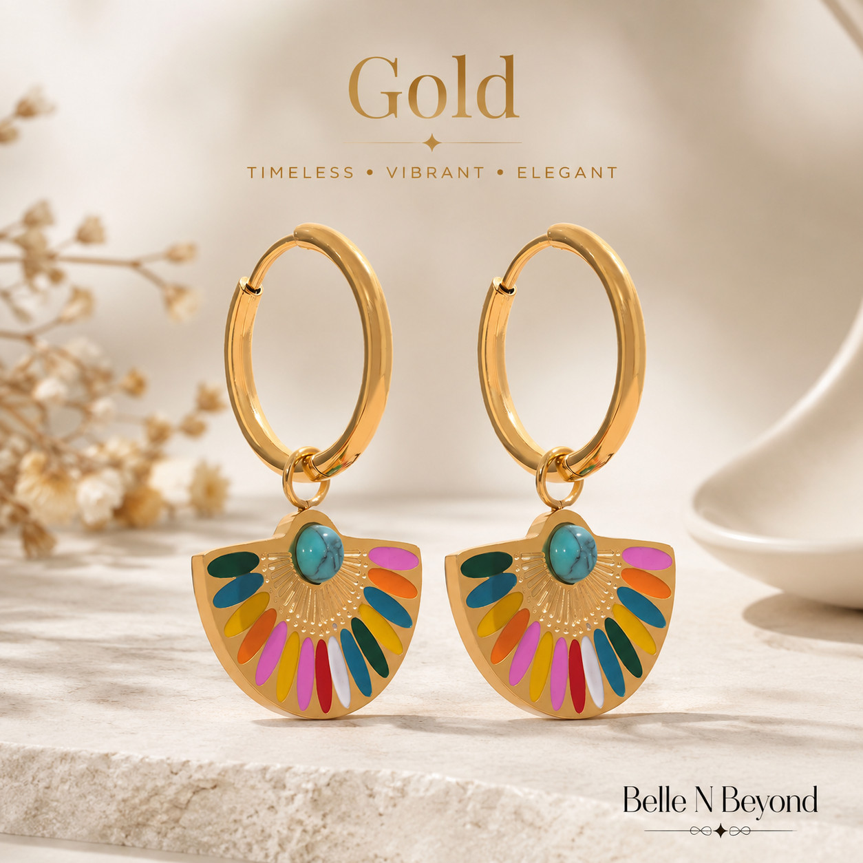 Colorful Fan Hoop Earrings Turquoise Enamel Gold Silver Boho Dangle Set