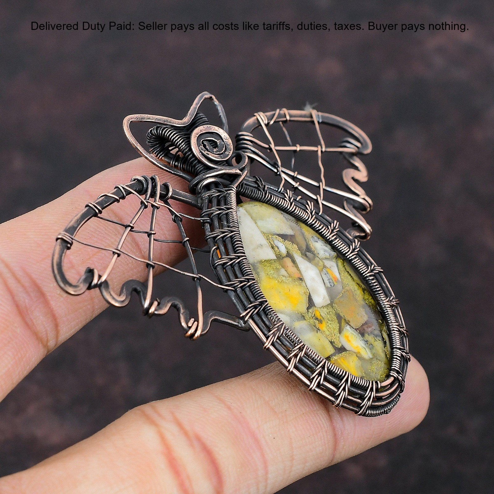 New Year Sale Copper Bumble Bee Jasper Stone Copper Butterfly Pendant Jewelry