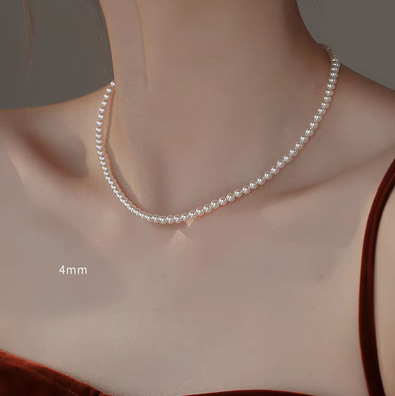 4 mm White Pearls Thin Chain Choker Necklace Lobster Clasp Adjustable
