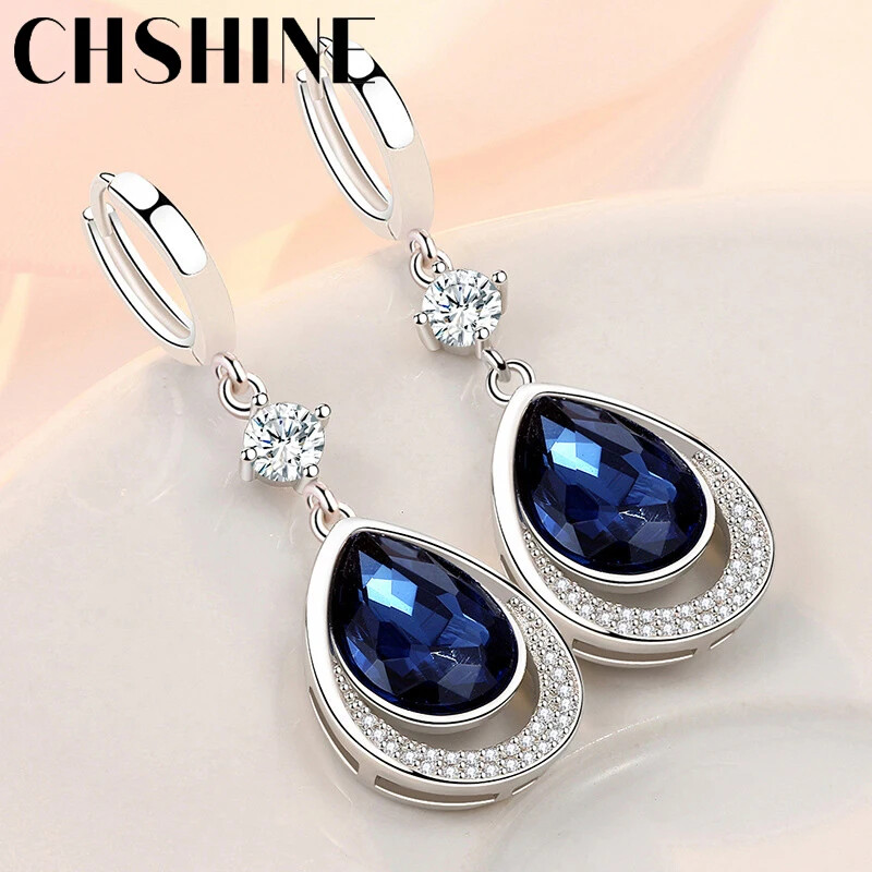 CHSHINE 925 Sterling Silver Water Drop Sapphire Earrings Fashion Charm Jewelry