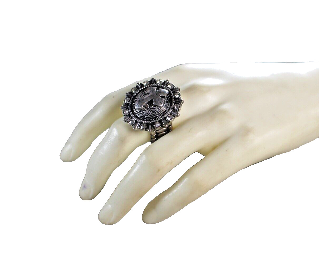 Western Womens Ring 1.25 in Cross Stretch Round Crystal Silver Cowgirl Rodeo