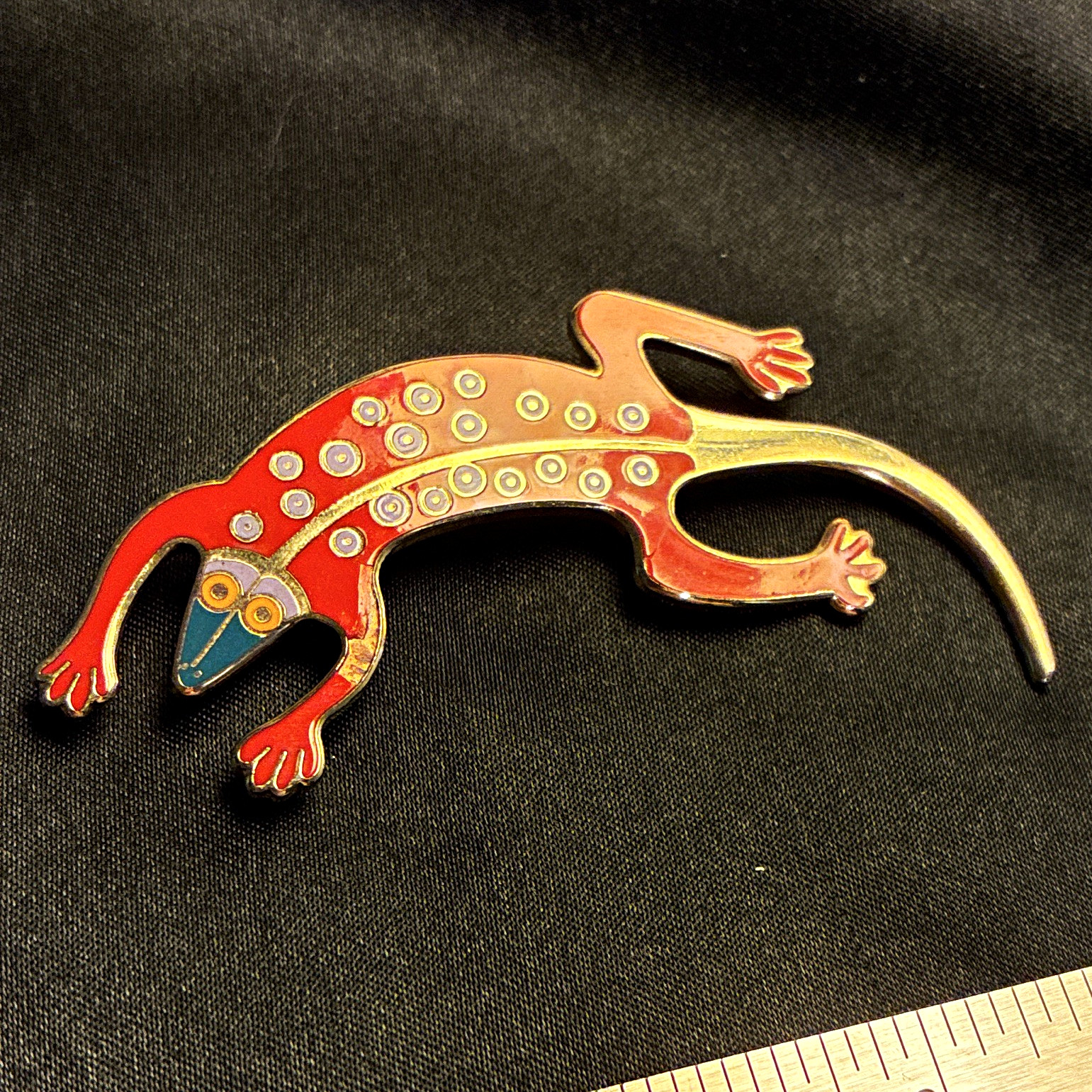 Laurel Burch Enamelled Lizard Brooch Pin Gold Tone Red Blue Signed