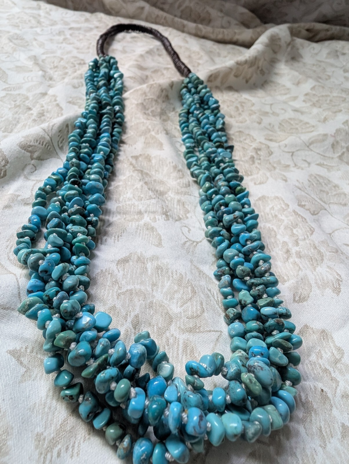 Turquoise Multi-Strand Chip Bead Necklace with Brown Cord