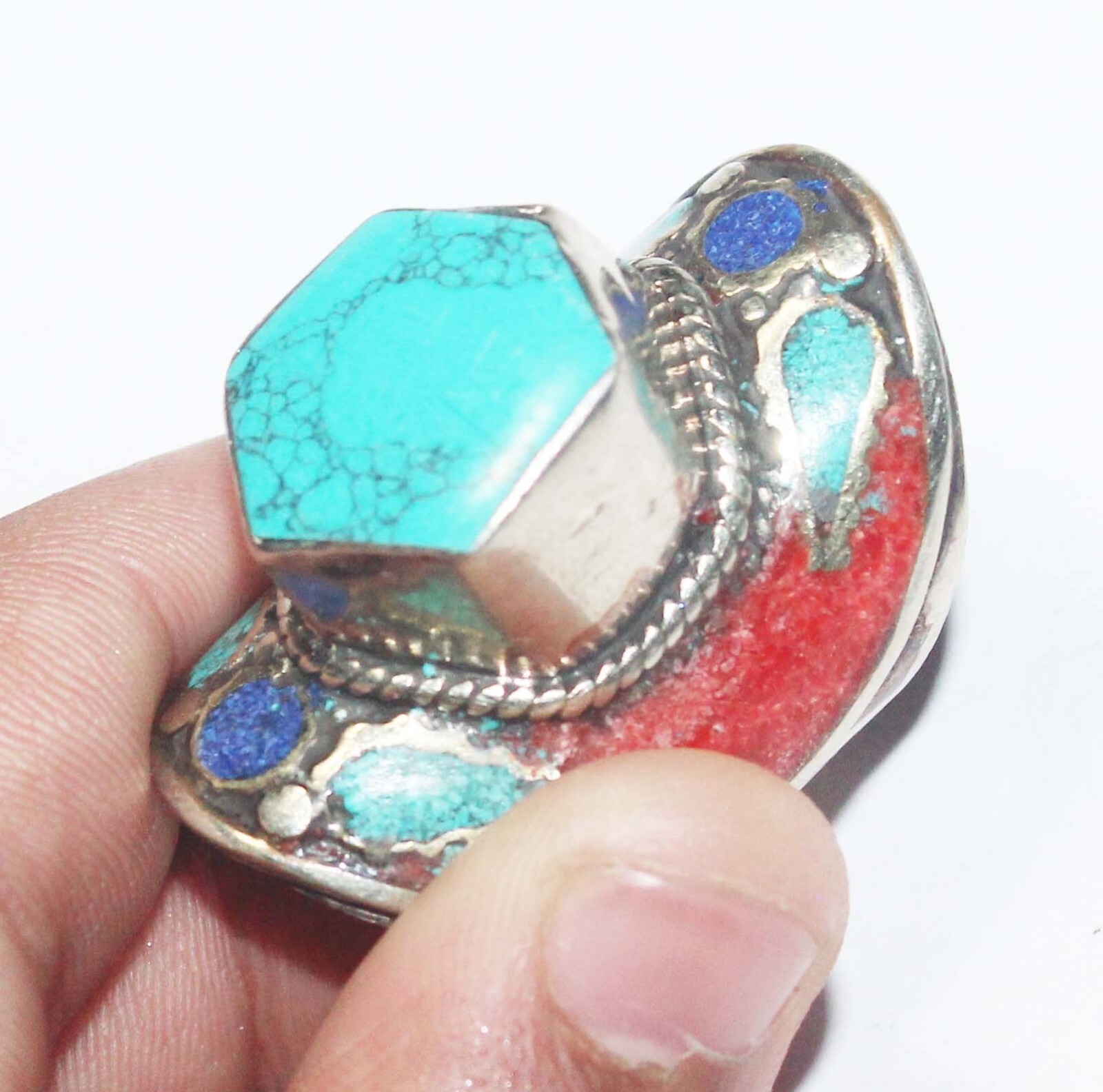 Turquoise Coral Lapis Lazuli Gemstone Handmade Nepali Jewelry Ring Size 11.5 In