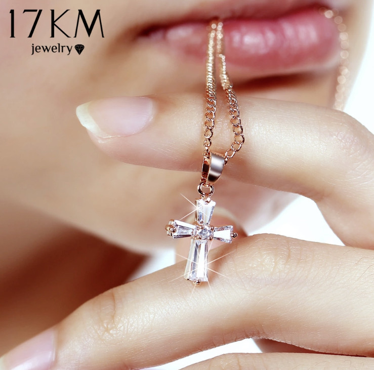 Women’s Fashion Jewelry Rose Gold Silver Crystal Cross Pendant Necklace 72-9
