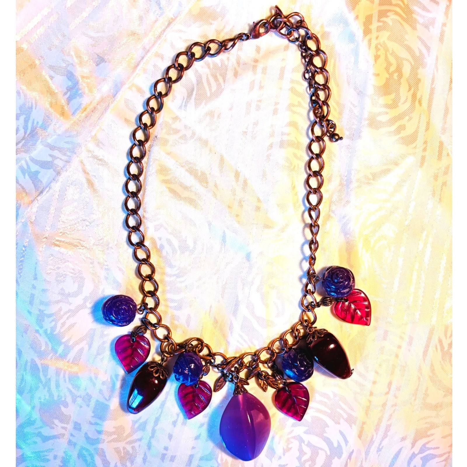Boho Purple Burgundy Charm Necklace Copper Tone Chain Carved Rose Leaf