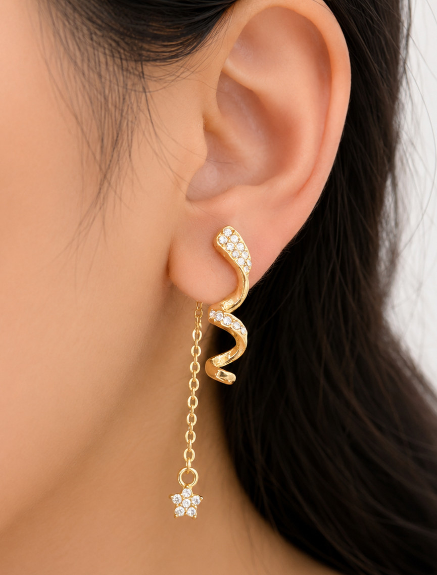 1 Pair Gold Snake Chain Dangle Earrings CZ Crystal Star Drop Wave Jewelry Set