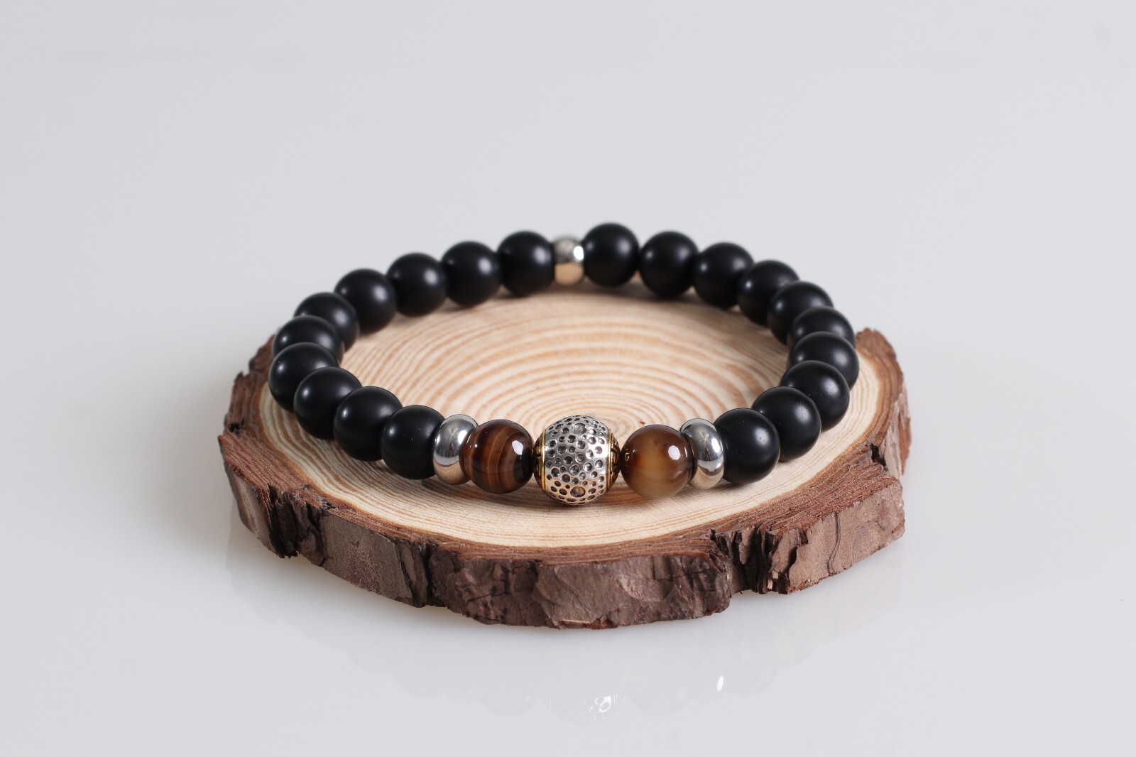 Pulsera Negra Para Hombres cuentas Ágata Onix Ágata Rayada Y Acero Inoxidable