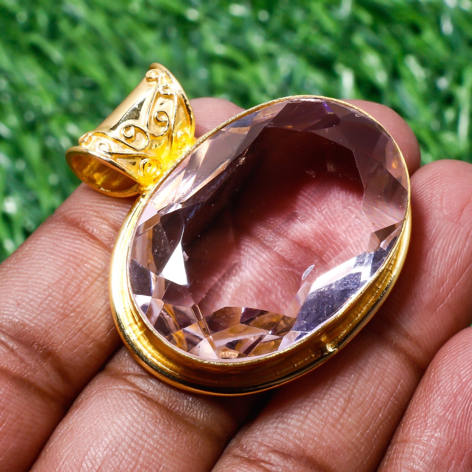 Pink Kunzite Gemstone 925 Silver Handmade Gold Plated Jewelry Pendant 1.75″