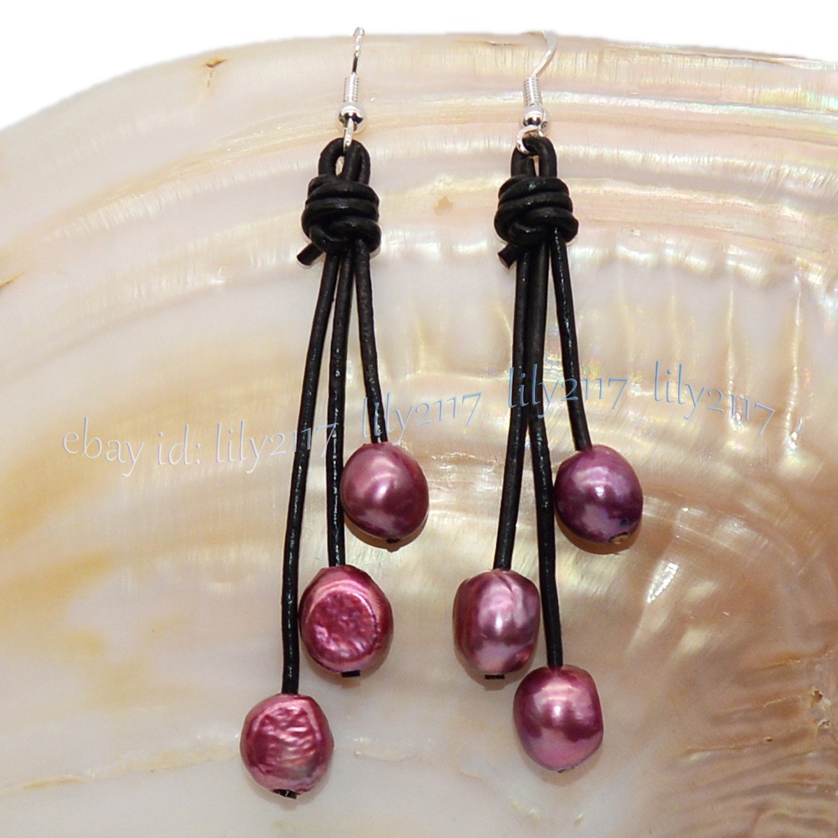 Natural Freshwater Baroque Pearl Black Leather Rope Dangle Hook Earrings 9-10mm