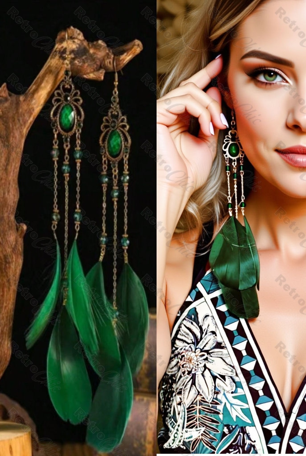 20cm very long OVERSIZE EARRINGS feathers hoop feather GREEN/VTG GOLD statement