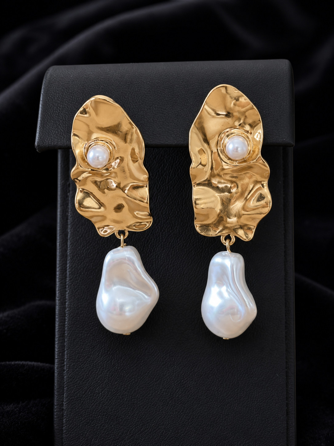 Gold Tone Hammered Organic Faux Baroque Pearl Drop Earrings Pierced