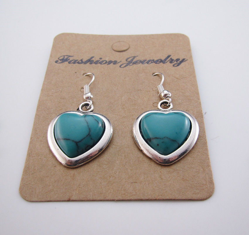 New Cute 18KGP Tibetan Silver Wrapped Turquoise Heart Charm Dangle Drop Earrings