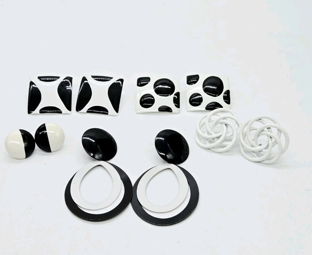 Black and White Earring Lot Art Deco Asymmetrical Enamel Vintage 5 Pair