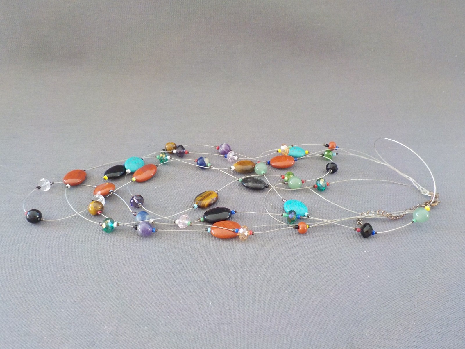 Necklace Silver Tone Metal Multi Strand Wire Stone Glass Oval Polished