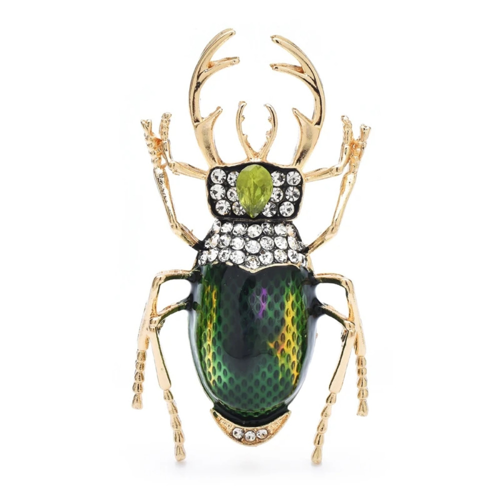 Beetle Brooch Pin – Gold Green Rhinestone Bug Insect Beach Summer Jewelry Gift