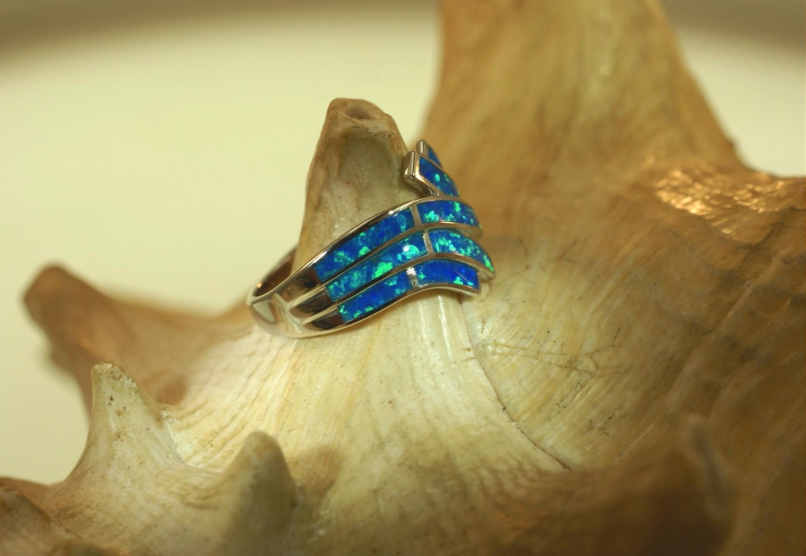 15MM HAWAIIAN RHODIUM ON 925 SILVER INLAID OPAL BREAKING OCEAN WAVE RING 5-10 #2