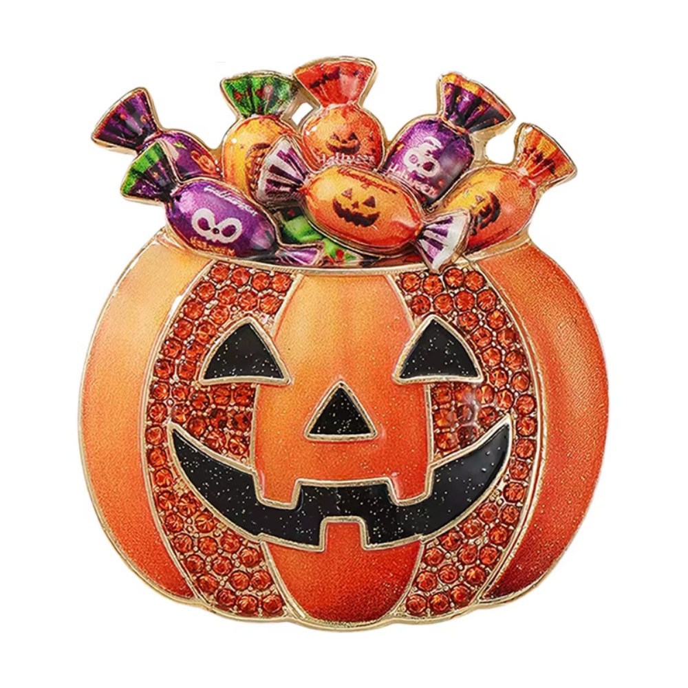 Halloween Pumpkin Candy Brooch Pin Rhinestone Statement Jewelry Gift for Women