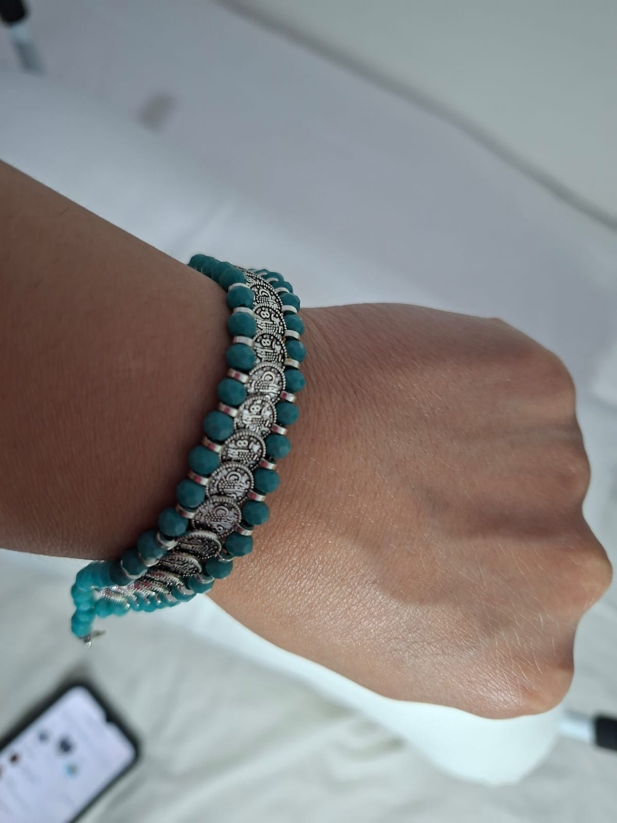 Handmade Ma’an Stone Turquoise Bracelet Silver Tone Adjustable Jewelry Gift